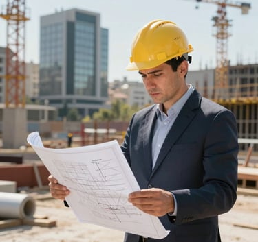 A focused engineer in a hard hat reviewing blueprints on a sunlit construction site in an Anatolian city, modern structures in the background, sharp focus, professional photography.