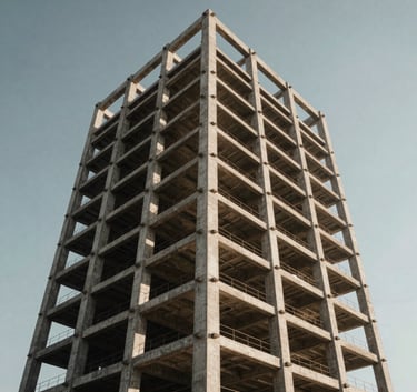 The framework of a modern steel and concrete building rising against a clear sky, dramatic low angle, showcasing strength and engineering precision, cinematic lighting, Middle Eastern / Anatolian setting.