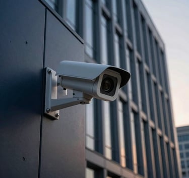 A modern North American / US corporate headquarters with sleek architectural lines, showcasing a discreetly placed high-tech security camera in Deep Navy. Soft dawn light, professional and authoritative mood.