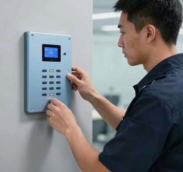 A professional security technician in a uniform in a modern North American / US office building, installing a high-tech Intercom panel in Ice Blue and Slate Blue colors.