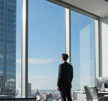 A professional in a modern, sun-drenched office in a New York skyscraper looking at a massive floor-to-ceiling glass window, vibrant blue sky outside, sleek silver furniture.