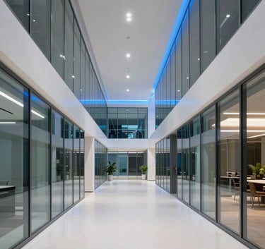 A wide-angle view of a futuristic tech corridor in a North American corporate headquarters, minimalist glass walls, vibrant blue lighting accents, and clean off-white floors.