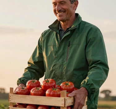 A local farmer wearing a Matte Forest Green jacket, smiling while holding a wooden crate of deep red heirloom tomatoes. Soft outdoor sunset lighting against a Crisp Parchment sky.