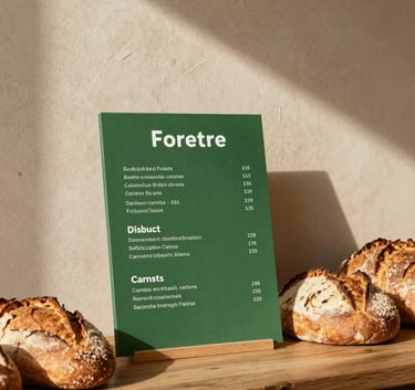 A cozy Scandinavian bakery interior with warm Crisp Parchment walls and soft natural light. On a wooden counter, a Matte Forest Green menu board stands next to artisanal loaves. High-end food photography style.