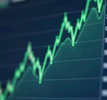 An abstract, high-end close-up of a digital stock market trend line moving upwards across a sleek glass surface, reflecting deep blue and vibrant green tones, professional and modern style.