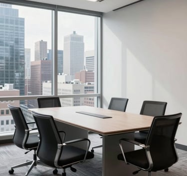 A bright and airy corporate meeting room in a North American city, featuring clean lines and minimalist furniture, with a view of a city skyline through the window.