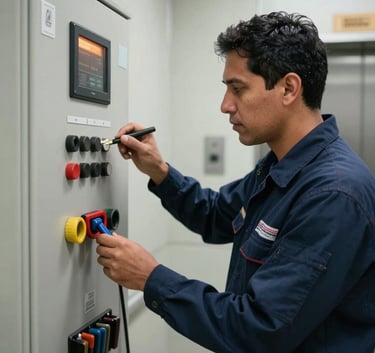 Professional photography of a technician in a dark blue uniform inspecting an elevator control panel with tools, in a well-lit technical room in South American / Colombian building.