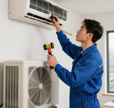 A professional HVAC technician in a medium steel blue uniform installing an AC unit inside a modern North American / US home. The technician is using professional tools and appears focused and reliable.