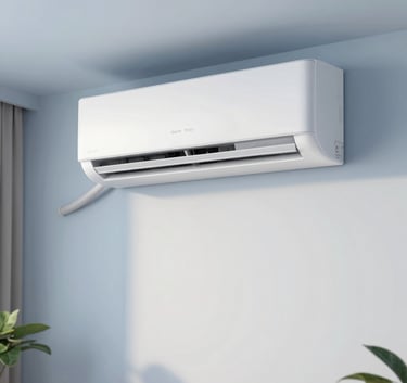 A sleek, modern wall-mounted indoor AC unit installed in a bright North American / US living room with soft sky blue accents. The lighting is natural and airy, conveying a sense of cool comfort.