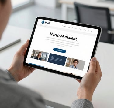 A professional in a North American office setting, dressed in modern business attire, holding a tablet showing a clean user interface of an advertising platform. The background is a bright, blurred interior with white and grey tones, emphasizing a high-tech, innovative consultancy environment.