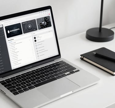 Close-up of a sleek, minimalist workspace in a North American home office. A high-end laptop is open on a white desk showing a sophisticated digital marketing dashboard. Beside it is a professional notebook and a designer lamp. Sharp focus, clean composition, black and white accents.