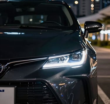 A sleek close-up of the front grille and LED headlight of a deepest obsidian black Corolla. Low-key lighting, emphasizing the metallic curves and premium finish. Background is a blurred modern South American / Brazilian city at night with crystal white lights.