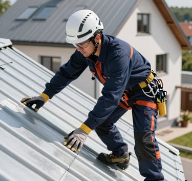 A professional roofer wearing safety gear and navy blue workwear, inspecting a modern zinc roof. Central European house background, sunny day, composition emphasizing precision and reliability. Clean and sharp photography.