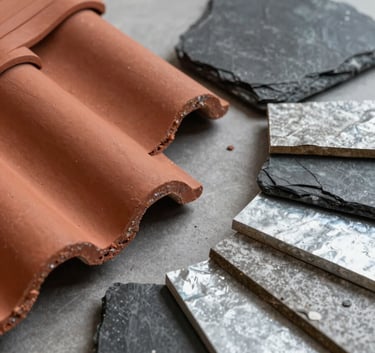A detailed shot of various high-quality roofing materials including red clay tiles, dark slate, and zinc samples. Neutral lighting, clean studio-style presentation but in a workshop setting, projecting artisanal expertise.