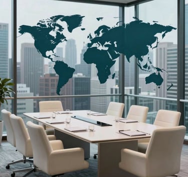 A sophisticated corporate boardroom overlooking a metropolitan skyline with dark teal tones and creamy white furniture, conveying global reliability and efficiency.