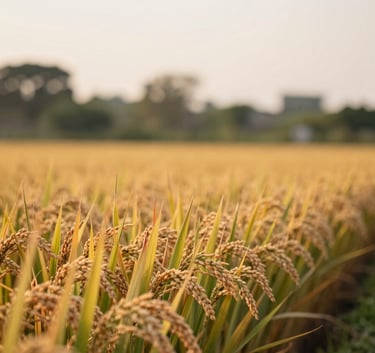 A high-resolution photograph of golden rice fields in Thailand, captured during the golden hour with soft sage green foliage in the background and a creamy white hazy sky.