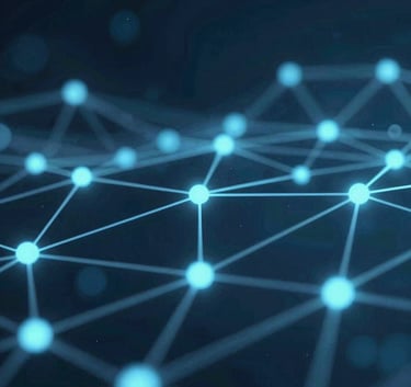 Abstract technological background with glowing nodes and lines representing a secure and integrated network, using #1A2E3D and #3C6B8D tones.