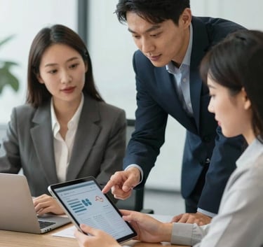 Professional business meeting in a modern, bright office where consultants are looking at a tablet screen together, suggesting strategic collaboration and efficiency.