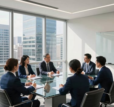 A wide-angle photography of a bright, modern conference room in a metropolitan high-rise. Professionals in formal business attire are discussing strategy around a large glass table. Natural sunlight from large windows. North American / Spanish-speaking corporate aesthetic, sophisticated atmosphere, featuring tones of deep blue and white.