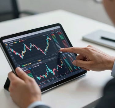 Close-up of a professional's hands pointing at a complex financial chart and market analysis on a tablet screen. The setting is a clean, minimalist executive office with soft lighting. Professional atmosphere, North American / Spanish-speaking business setting.