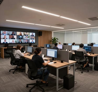 A wide-angle shot of a corporate tele-attendance center with modern Brazilian design, featuring ergonomic workstations and sophisticated lighting.