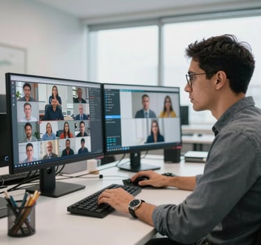 A professional South American engineer in a modern office, working with multiple high-definition monitors showing tele-attendance network data, bright and clean natural lighting.
