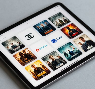 A close-up of a tablet on a sleek mist grey surface, showing an organized grid of international channel logos and premium movie posters in a modern interface.