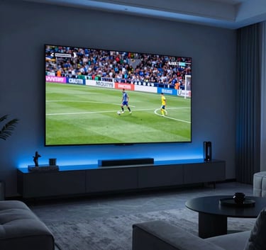 A sophisticated modern living room at night with a large wall-mounted screen displaying high-definition sports action. The room is accented with soft indigo blue ambient lighting and charcoal grey furniture.
