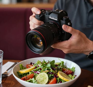 A close-up shot of a North American / US digital marketer's hands holding a high-end camera, focusing on a vibrant bowl of farm-to-table salad, cozy local bistro setting, with deep ripe crimson accents in the table decor.