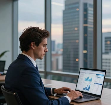 A professional South American businessman in a dark blue suit sitting in a high-rise office in São Paulo, looking confidently at a laptop screen with data charts, dynamic evening lighting through large windows.