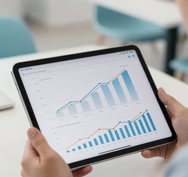 Close-up of a digital tablet displaying growth metrics and sales funnels, held by professional hands in a bright, modern Brazilian co-working space with light blue accents.