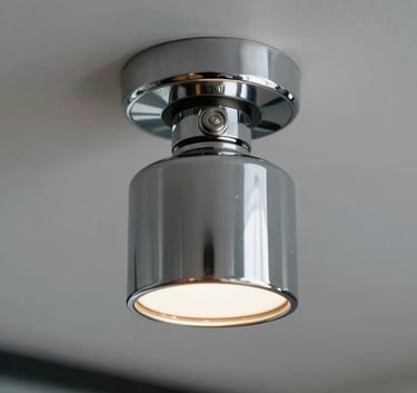 A close-up shot of a modern chrome fire sprinkler head installed in a sleek North American office ceiling, professional and clean industrial aesthetic.