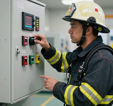 A professional fire safety technician in a North American facility, wearing a uniform, inspecting a digital fire alarm control panel, modern clean lighting.