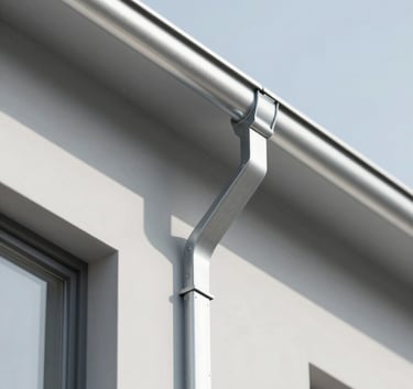 Architectural shot of a modern building with expert zinc flashing and gutter work. The image conveys dependable expertise and durability. Soft shadows and bright daylight showcase the precision of the installation, utilizing tones of #263238 and #ECEFF1.