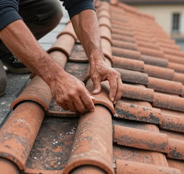 Detailed photography of a professional roofer's hands correctly placing a clay tile on a roof grid, clean environment, Western European / French architectural context.