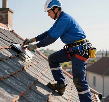 A professional roofer in steel blue and dark navy blue workwear working safely on a traditional tile roof of a Western European / French house, bright morning light, emphasizing safety and skill.