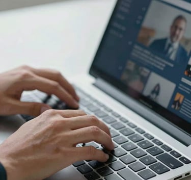 Close-up of hands typing on a modern keyboard in a bright workspace. Beside it, a tablet shows a blurred business interface. Colors include steel blue and dark navy tones in the professional environment.