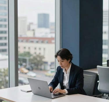 A high-angle shot of a sleek, modern office in Georgia with floor-to-ceiling windows. A professional consultant is looking at a laptop. The lighting is bright and clear, featuring accents of dark navy and pale frost white in the decor.