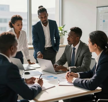 A business meeting in a sunlit modern office in Ivory Coast, showing a group of professionals in stylish business attire discussing projects around a table.