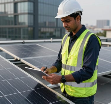 A professional South Asian / Indian engineer in a safety vest inspecting a solar panel installation on a modern corporate rooftop, professional lighting, incorporating dark navy and muted teal tones.