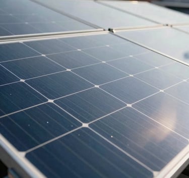 A professional close-up of high-efficiency solar panels with a clean, reflective surface, showing the sky in a South Asian / Indian urban setting, bright daylight, with deep blue and muted teal highlights.