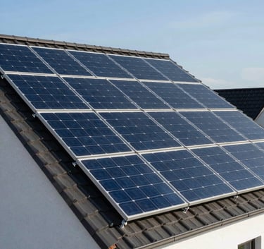 Photography of high-efficiency solar panels installed on a modern Central European house roof, bright sunny day, clear blue sky, clean composition, reflecting soft white light.