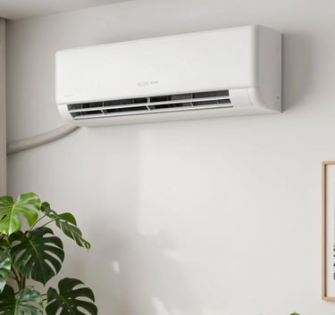 A sleek, minimalist white air conditioning unit mounted on a soft white wall in a modern French apartment, soft natural light, vibrant leafy green plants nearby, professional and clean aesthetic.
