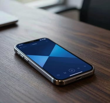 A professional photography shot of a sleek smartphone resting on a dark wood desk in a modern US corporate office, the screen displaying a blurred creative interface with deep blue and medium blue tones, natural light from a nearby window.
