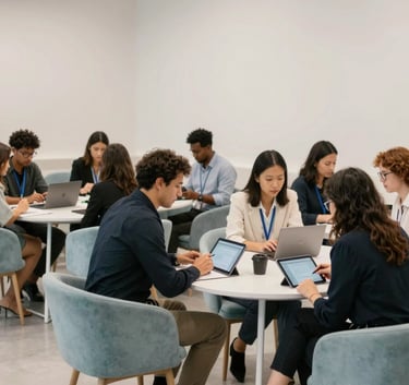A group of diverse professionals in a modern North American creative hub collaborating over a tablet, the environment is bright with off-white walls and sleek light blue furniture, wide angle, professional atmosphere.