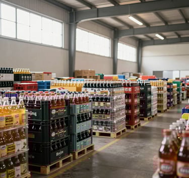 A wide angle shot of a clean and modern beverage warehouse in Brazil, showing organized crates of bottled products with bright, natural lighting coming from high windows.