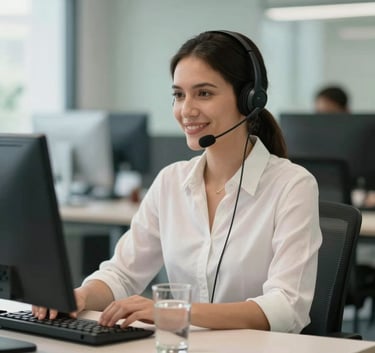 A professional tele-service agent in a modern South American office wearing a headset and smiling, with a clean desk and a refreshing glass of water. Professional and approachable mood with soft greens and off-white colors.