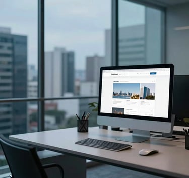 A wide shot of a high-end minimalist office in São Paulo, featuring a sleek desk with a large computer monitor showing a clean website layout, with a blurred cityscape view through a glass wall, in the style of professional interior photography using deep blue and teal tones.