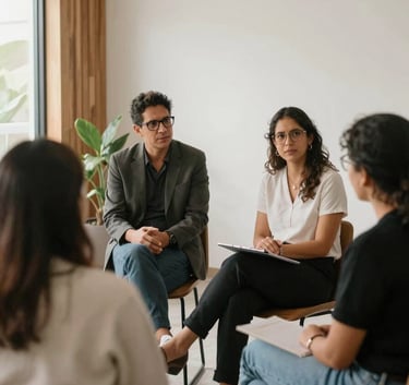 A candid photograph of a South American professional meeting in a bright, modern studio, with natural wood accents and plants, conveying a sense of collaboration and expertise.