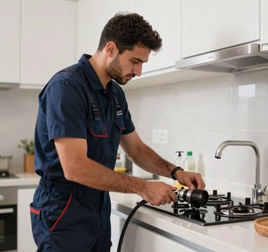 A professional plumber technician in a dark blue uniform working in a clean and modern kitchen in a Middle Eastern / Turkish home, natural daylight, professional equipment visible.